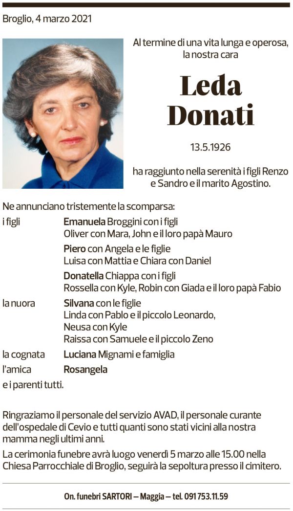 Annuncio funebre Leda Donati