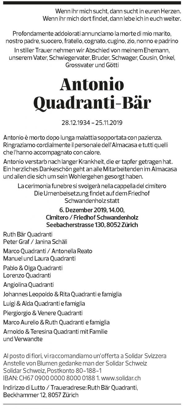 Annuncio funebre Antonio Quadranti-bär