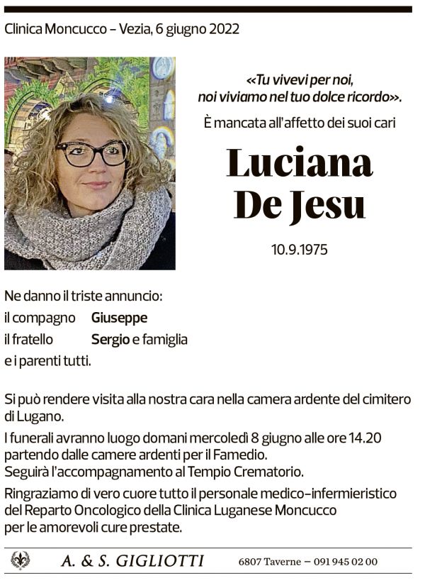 Annuncio funebre Luciana De Jesu