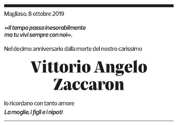 Annuncio funebre Vittorio Angelo Zaccaron