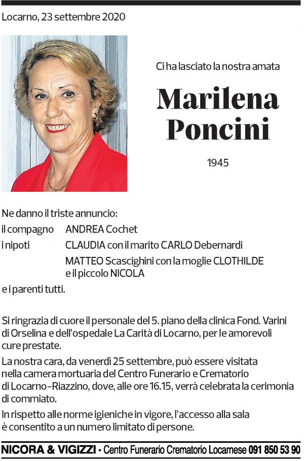 Annuncio funebre Marilena Poncini