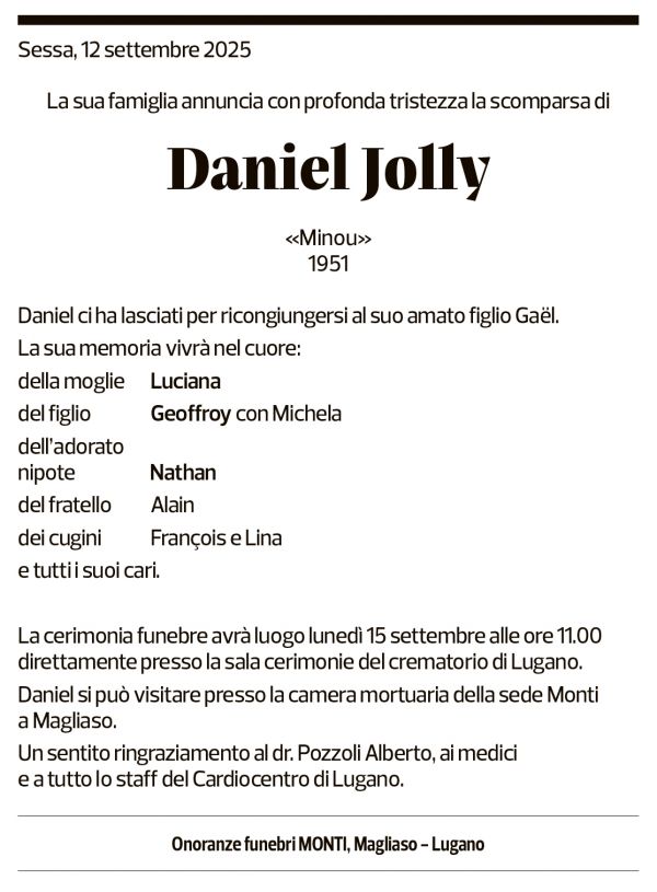 Annuncio funebre Daniel Jolly