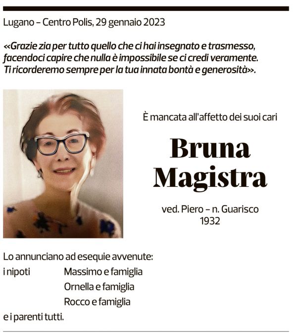 Annuncio funebre Bruna Magistra