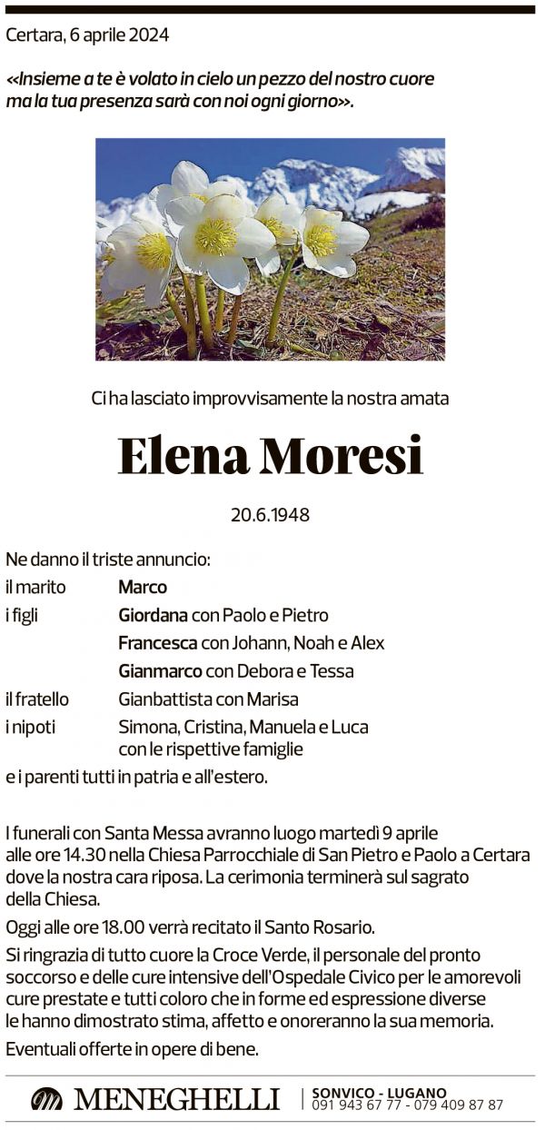 Annuncio funebre Elena Moresi