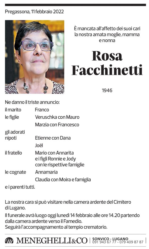 Annuncio funebre Rosa Facchinetti