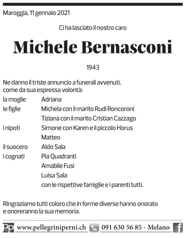 Annuncio funebre Michele Bernasconi