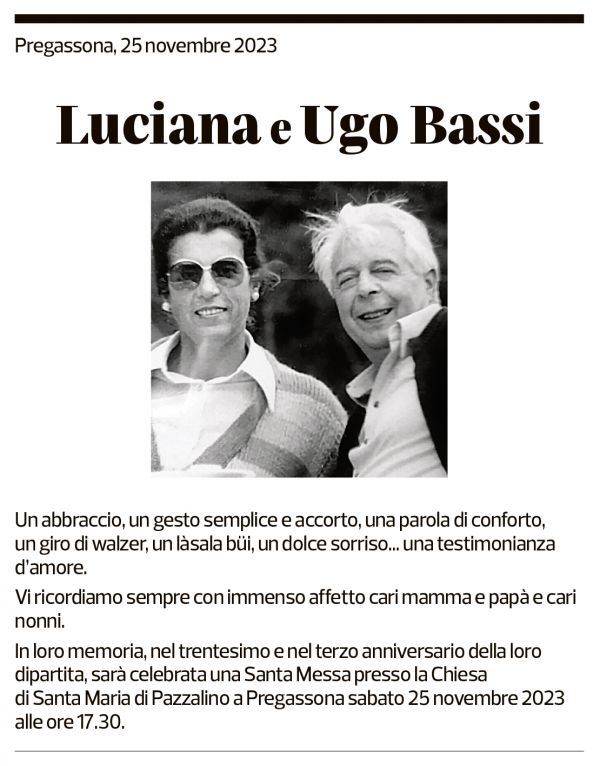 Annuncio funebre Luciana E Ugo Bassi