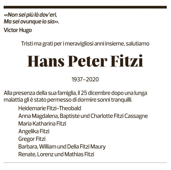 Annuncio funebre Hans Peter Fitzi