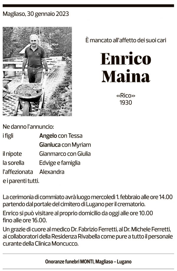 Annuncio funebre Enrico Maina