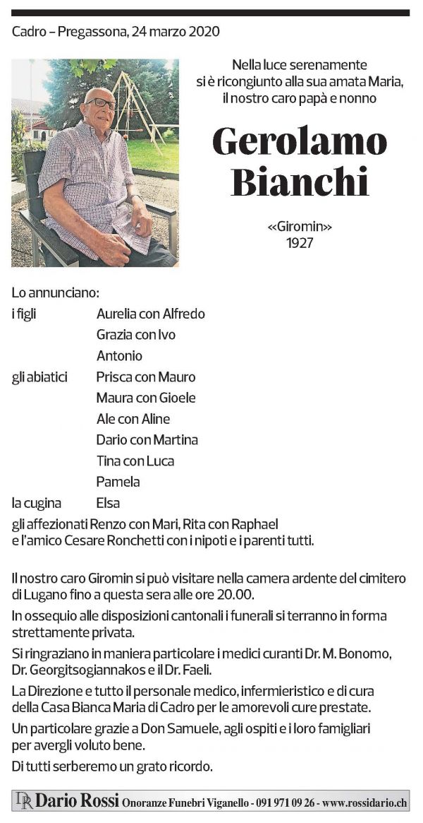 Annuncio funebre Gerolamo Bianchi