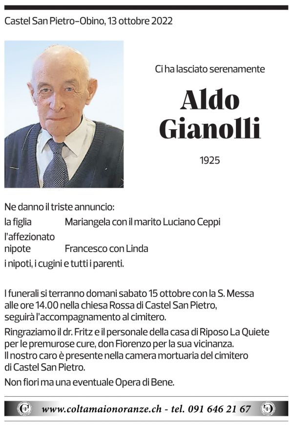 Annuncio funebre Aldo Gianolli