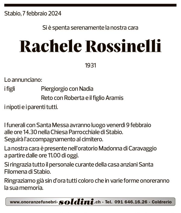 Annuncio funebre Rachele Rossinelli