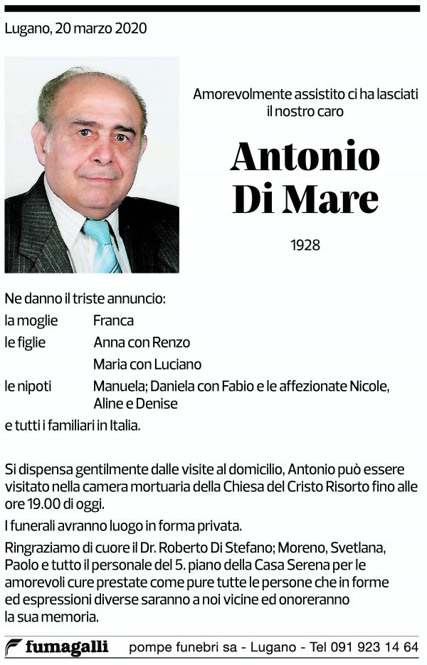 Annuncio funebre Antonio Di Mare
