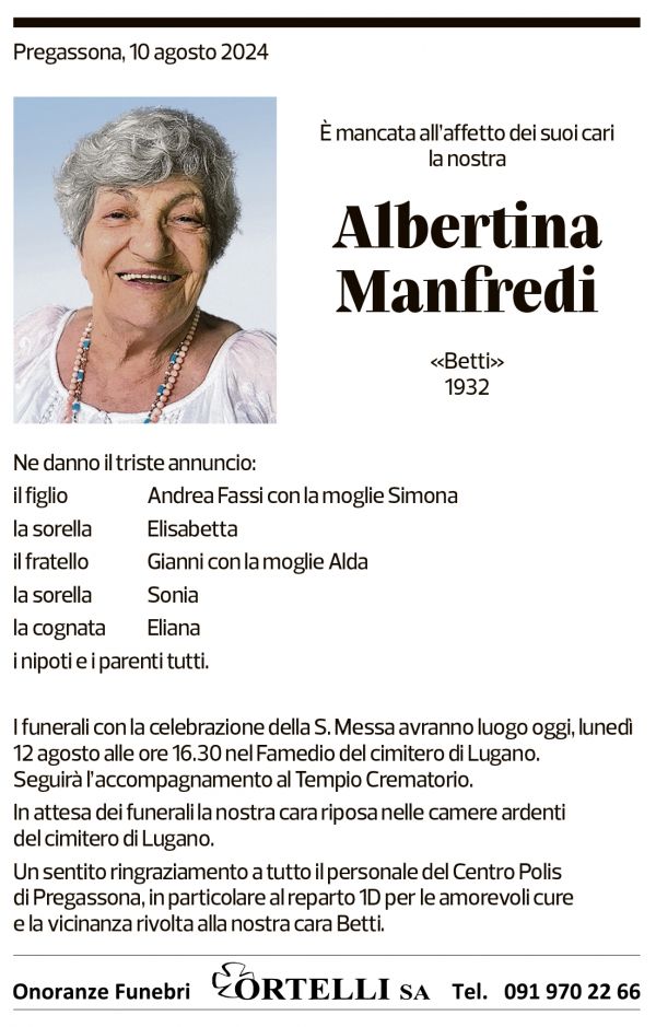 Annuncio funebre Albertina Manfredi