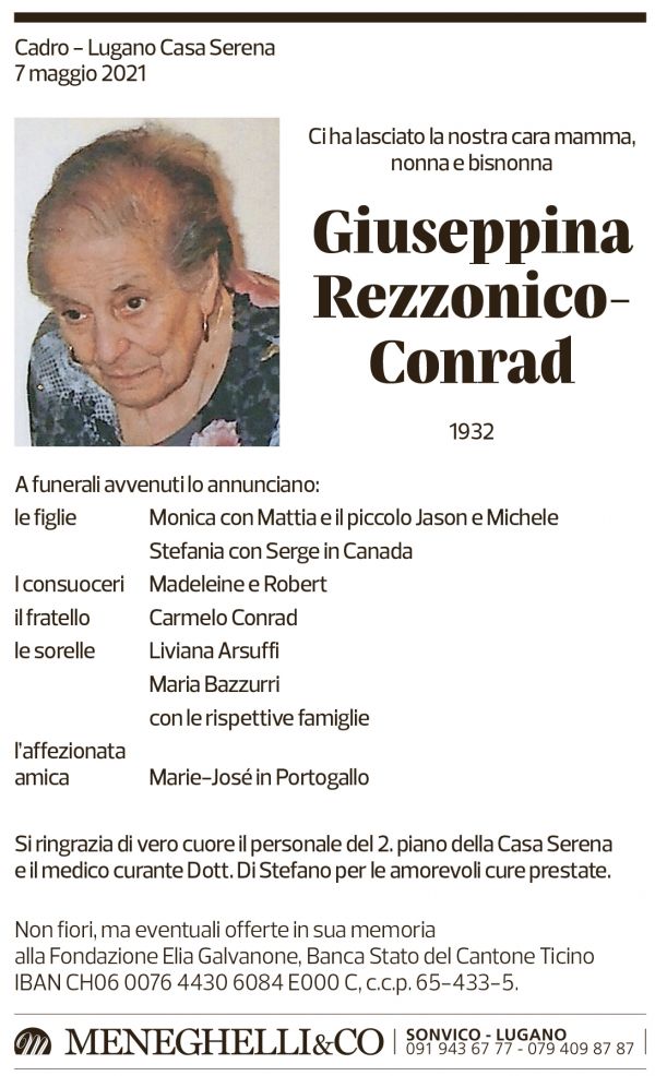 Annuncio funebre Giuseppina Rezzonico-conrad