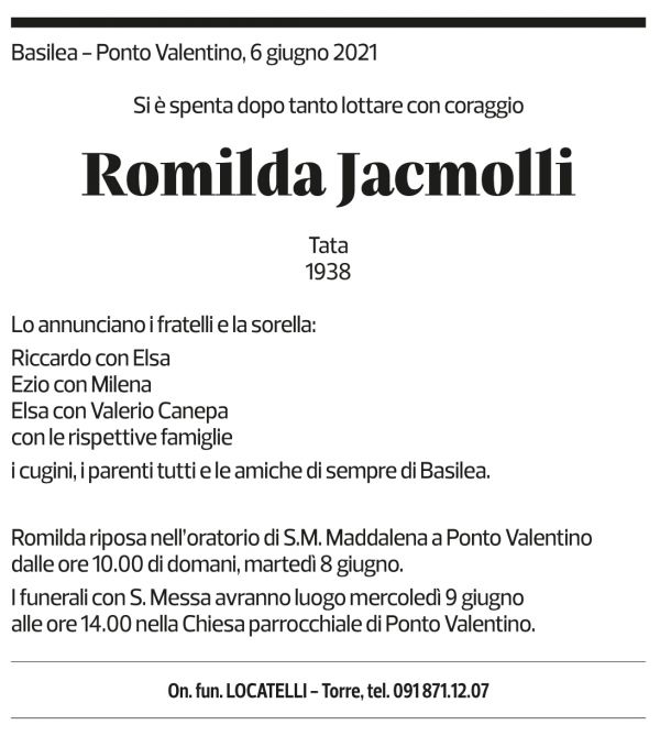 Annuncio funebre Romilda Jacmolli