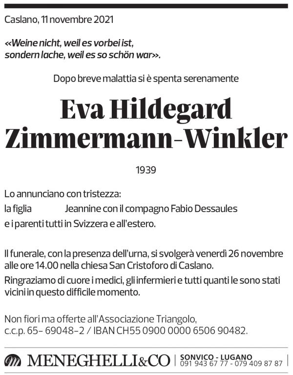 Annuncio funebre Eva Hildegard Zimmermann-winkler