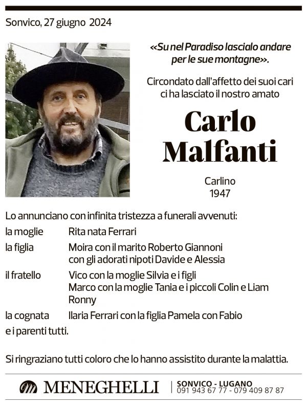 Annuncio funebre Carlo Malfanti