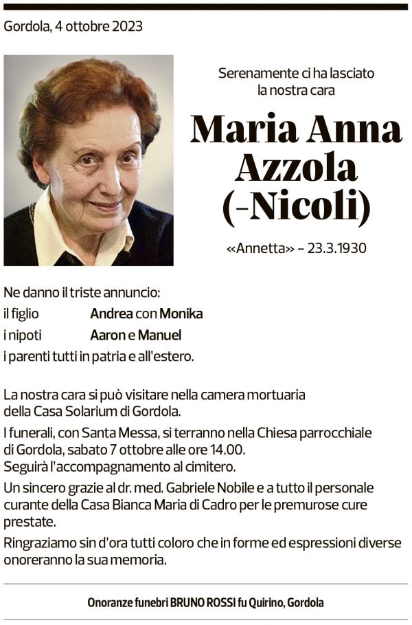 Annuncio funebre Maria Anna Azzola