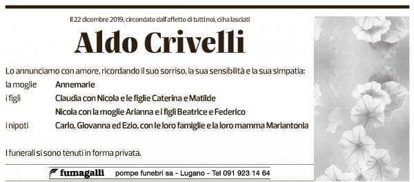 Annuncio funebre Aldo Crivelli
