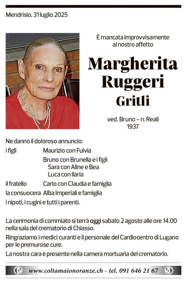 Annuncio funebre Margherita Ruggeri