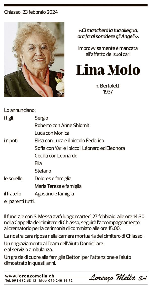 Annuncio funebre Lina Molo