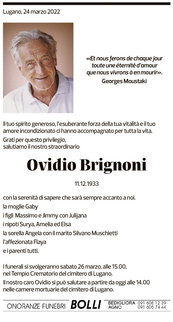 Annuncio funebre Ovidio Brignoni