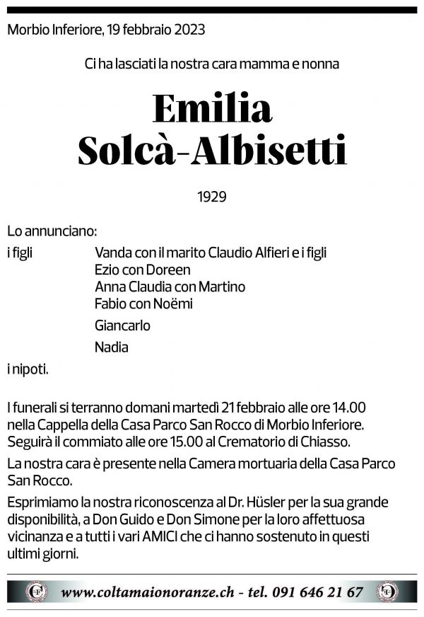 Annuncio funebre Emilia Solcà - Albisetti