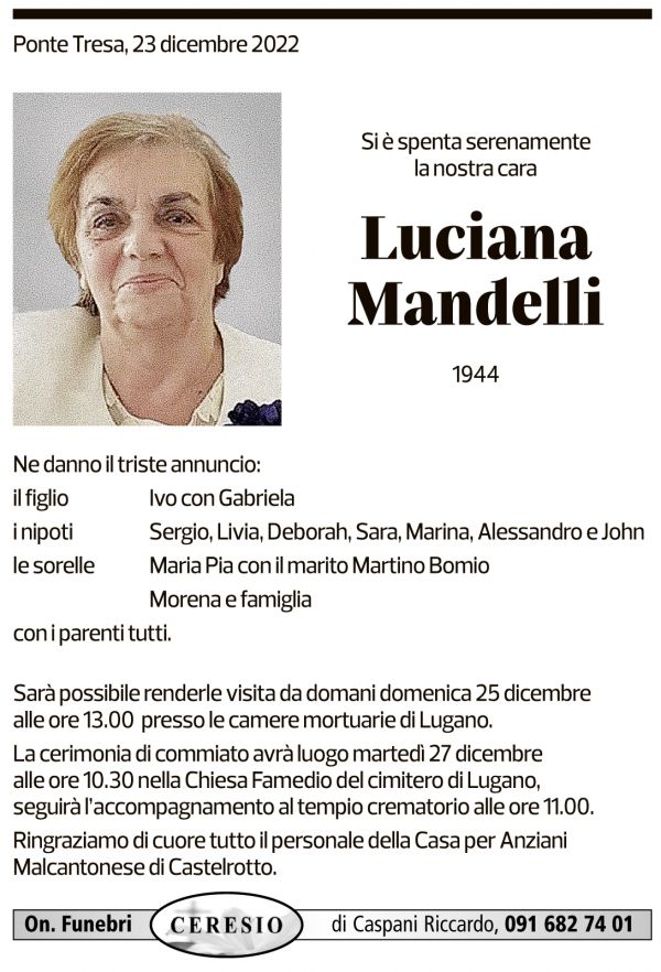 Annuncio funebre Luciana Mandelli