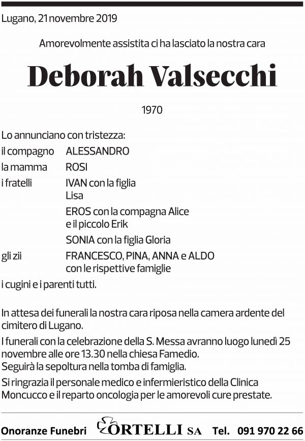 Annuncio funebre Deborah Valsecchi