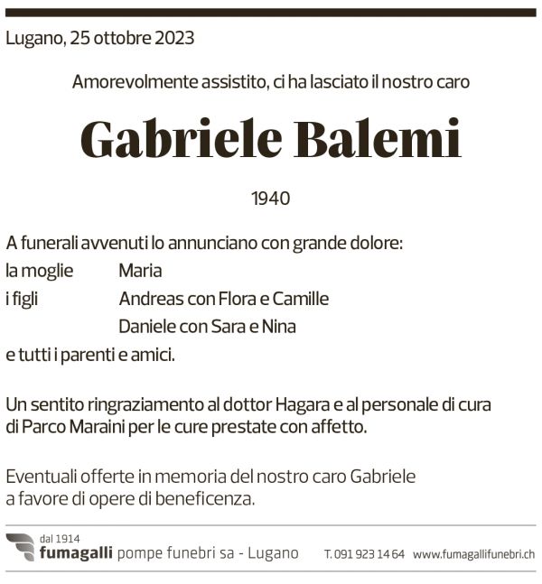 Annuncio funebre Gabriele Balemi