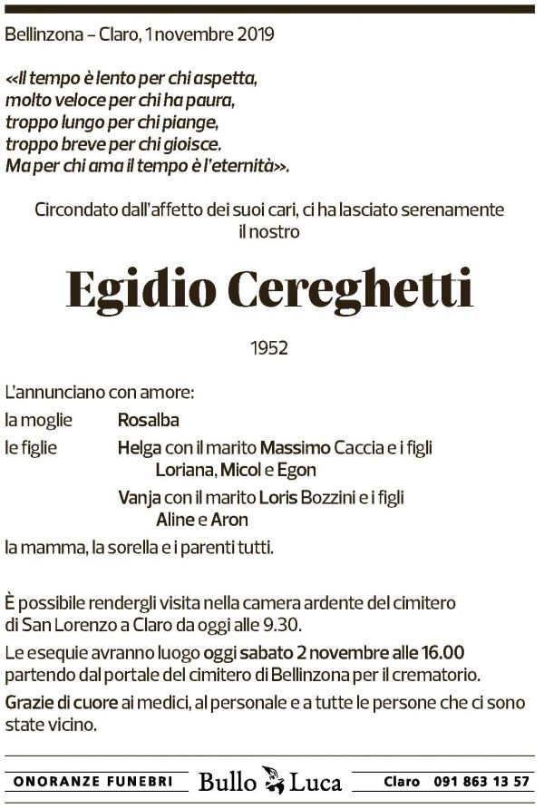 Annuncio funebre Egidio Cereghetti