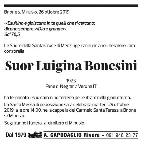 Annuncio funebre Luigina Bonesini