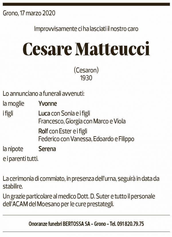 Annuncio funebre Cesare Matteucci