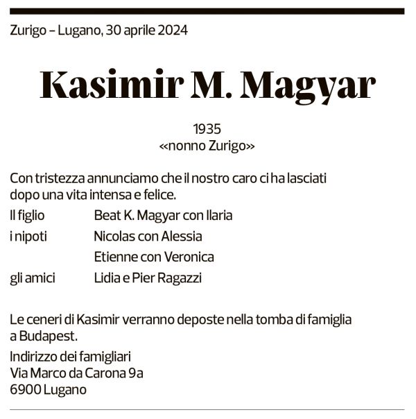 Annuncio funebre Kasimir M. Magyar