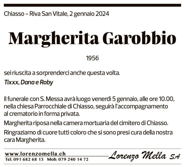 Annuncio funebre Margherita Garobbio