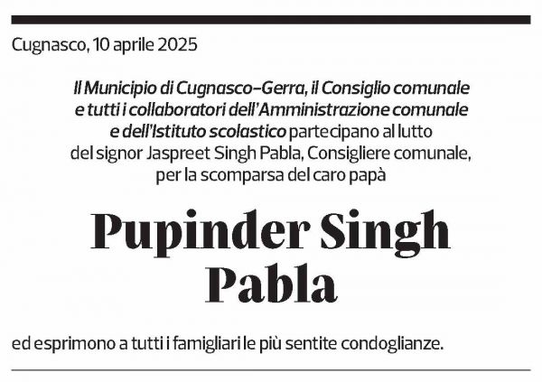 Annuncio funebre Pupinder Singh Pabla