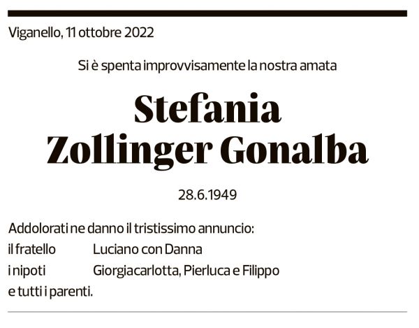 Annuncio funebre Stefania Zollinger Gonalba