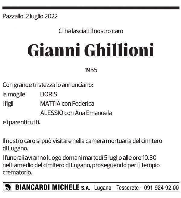 Annuncio funebre Gianni Ghillioni