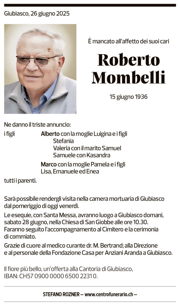 Annuncio funebre Roberto Mombelli