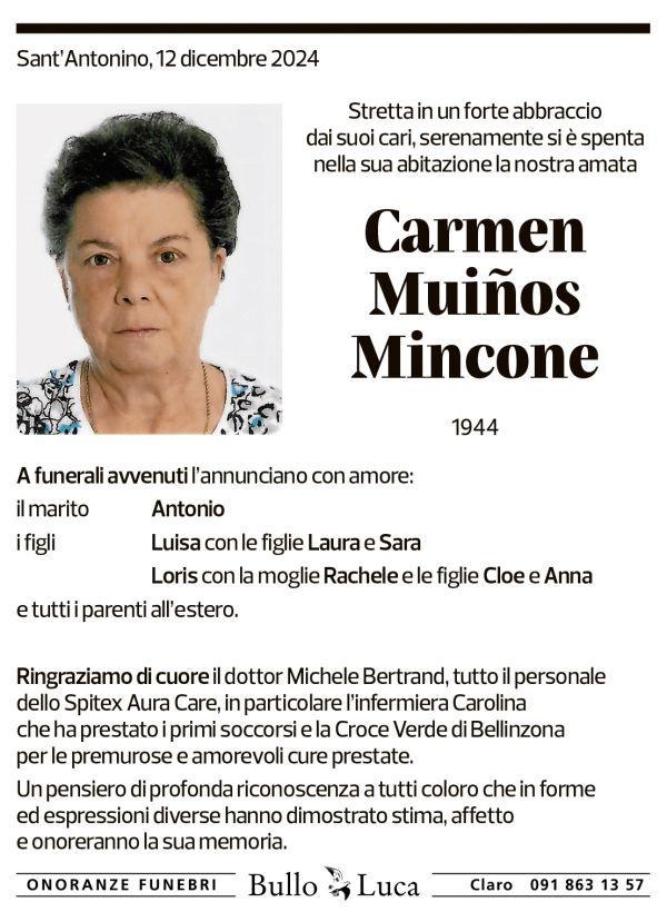 Annuncio funebre Carmen Muiños Mincone