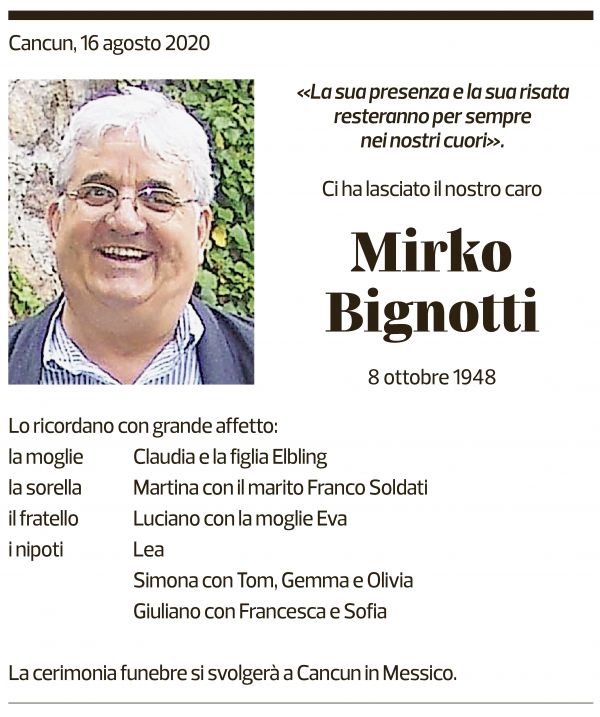 Annuncio funebre Mirko Bignotti