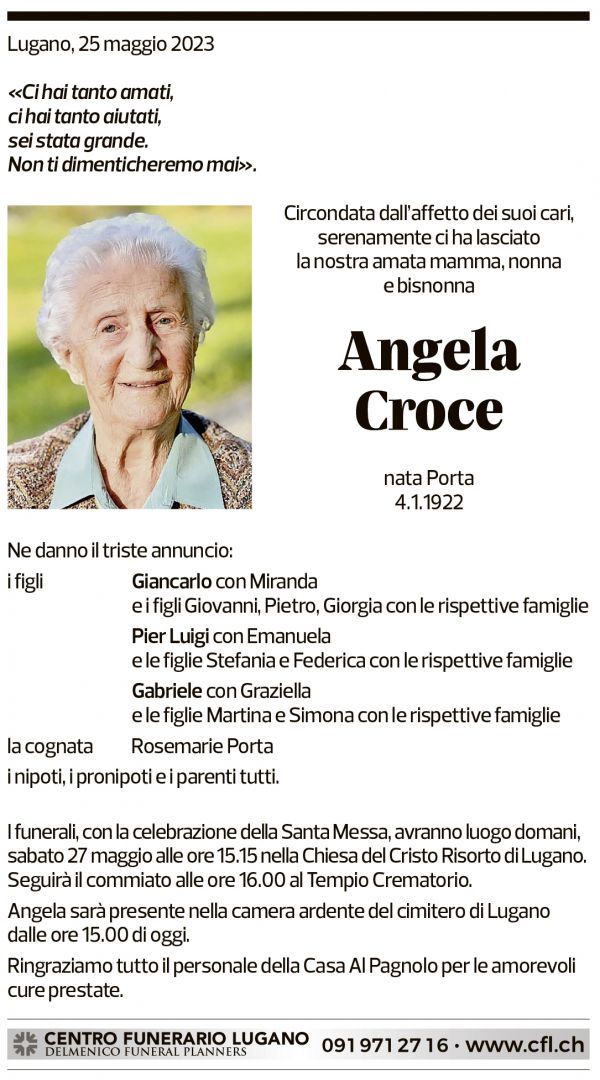 Annuncio funebre Angela Croce