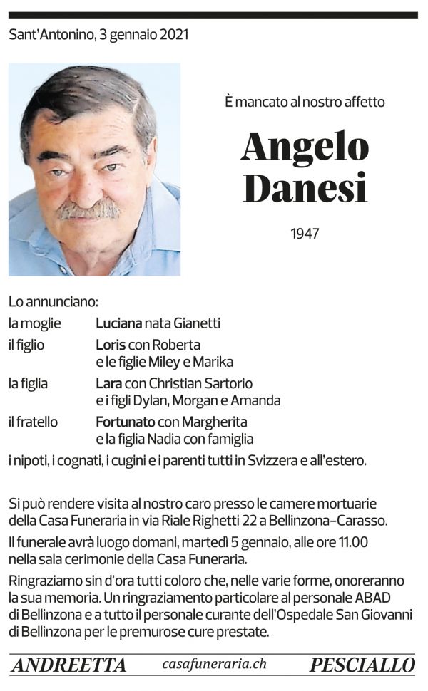 Annuncio funebre Angelo Danesi