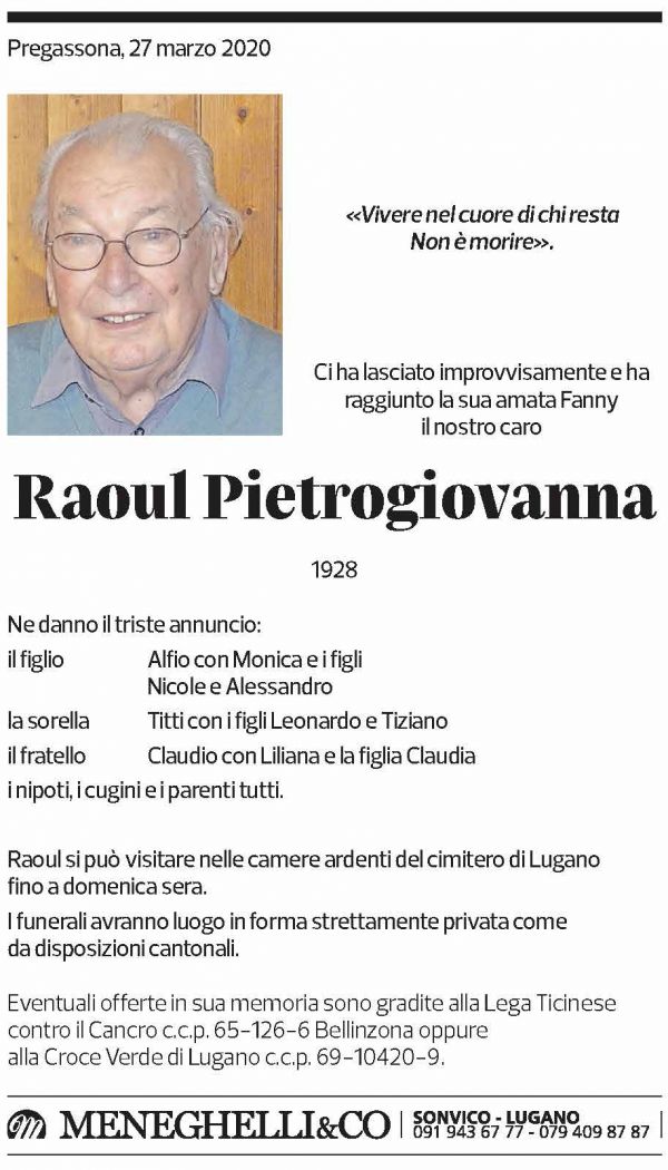 Annuncio funebre Raoul Pietrogiovanna