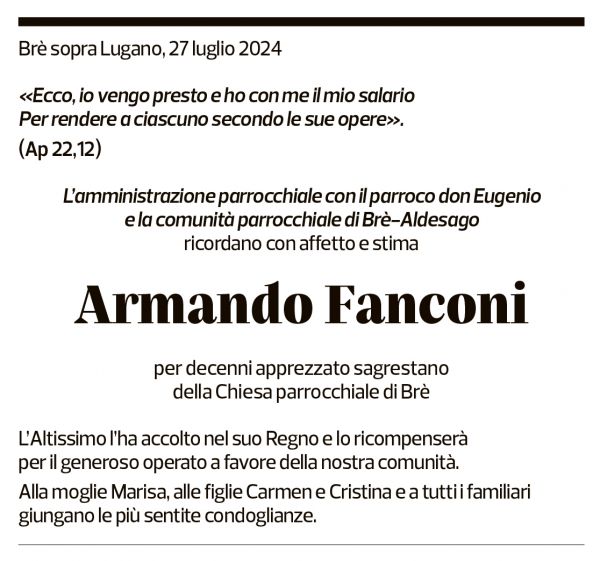 Annuncio funebre Armando Fanconi