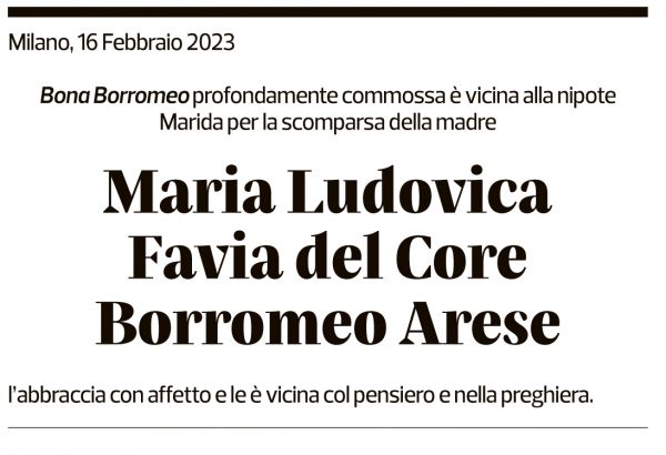 Annuncio funebre Maria Ludovica Malù Favia Del Core Borromeo Arese