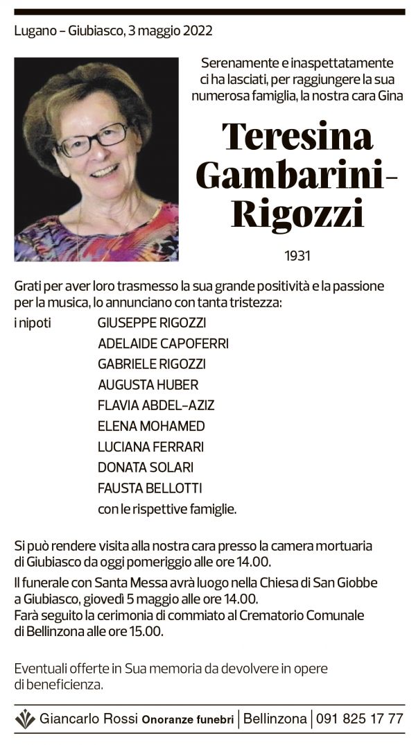 Annuncio funebre Teresina Gambarini-rigozzi