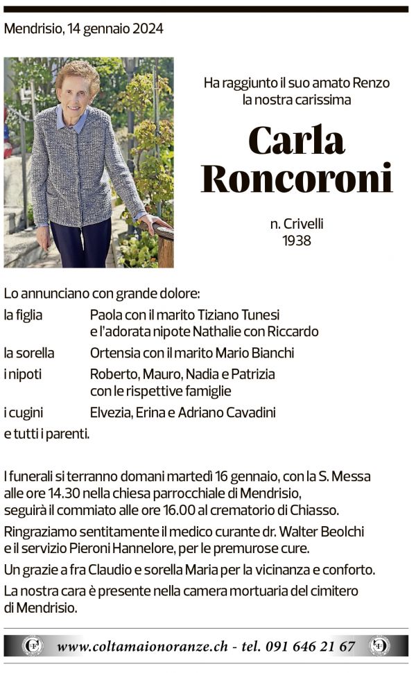 Annuncio funebre Carla Roncoroni