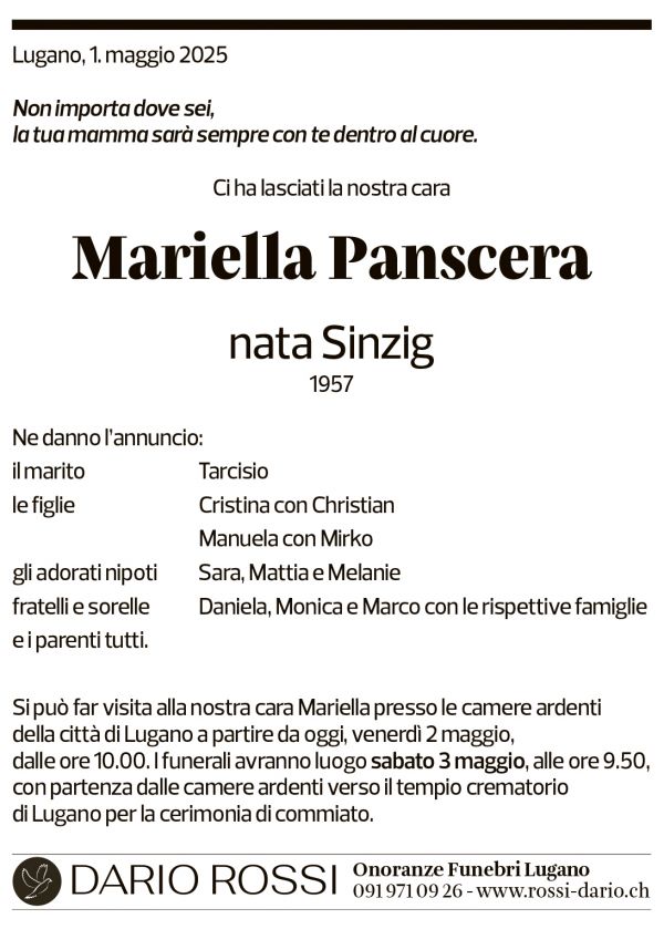 Annuncio funebre Mariella Panscera